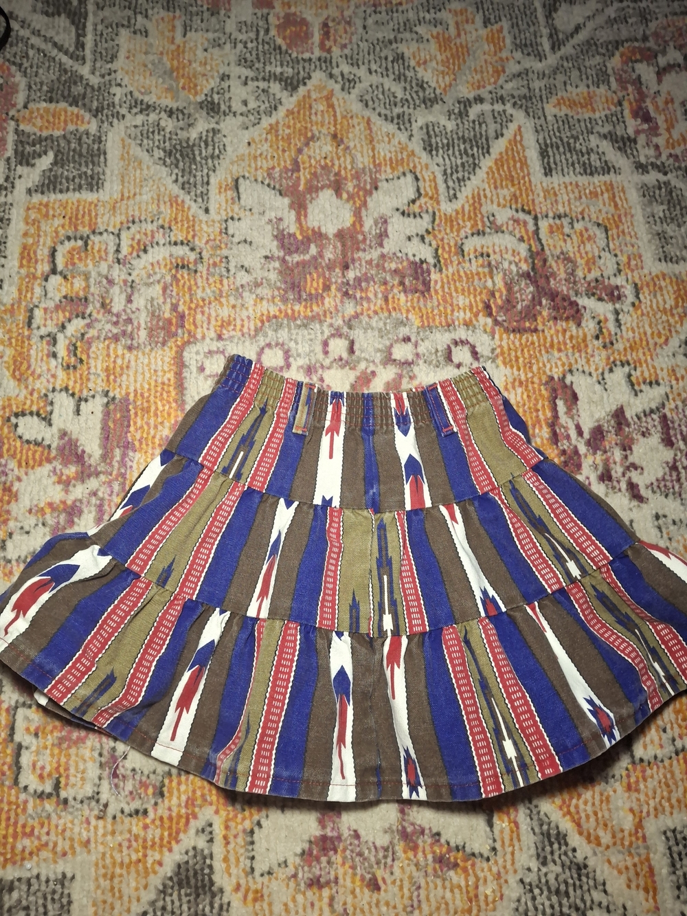 Vintage Tiered Aztec Stripe Mini Skirt in Blue, Brown & Red